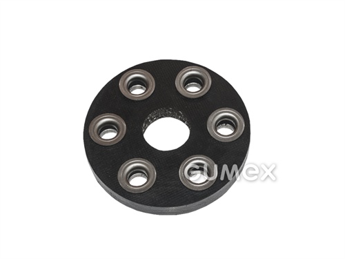 Pevnostná Hardy spojka armovaná gombíky, 100/12mm, 4x otvor 10mm, rozteč 64mm, vnútorný otvor 28mm, gumová zmes, sieťová PA vlákna, čierna